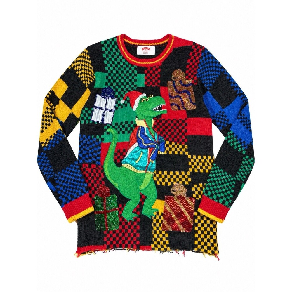 Holiday Time T Rex Dinosaur Ugly Christmas Sweater Sequin Patchwork Size S 34 36